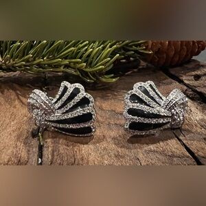 Canadian Butler FAC Swarovski Earrings Clear Crystals Black Enamel Knot Clip On